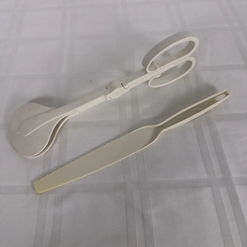 Retro White Kitchen utensils: Dansk salad tongs, Foley cake knife.